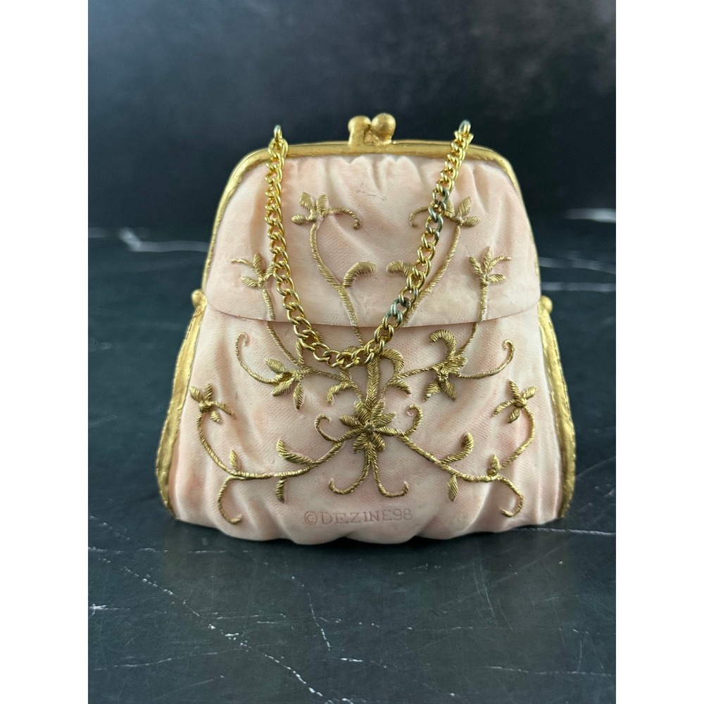 VTG Dezine Hand Painted Pink Resin Purse Trinket Box Gold Floral Design 3.5in